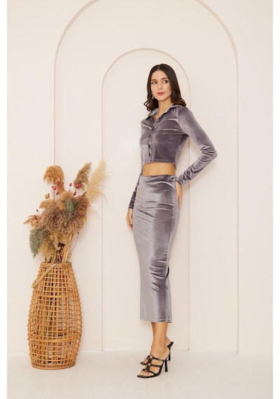 Darlin Moda Kadın Antrasit Kadife Maxi Boy Etek Dm2026 Antrasit