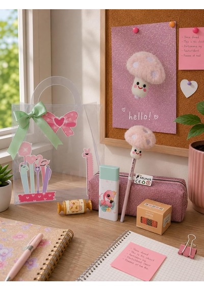 Sevimli Simli Kırtasiye Seti/glitter Kalem Kutusu, Hb Kalem, Silgi, Washi Bantlar, Kalemtıraş Pembe