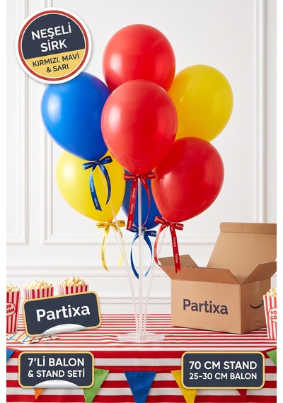 Neşeli Sirk Konsepti Balon Standı Seti 70 Cm Masa Standı 7 Adet Lateks Balon Kırmızı Mavi Sarı Çok Renkli