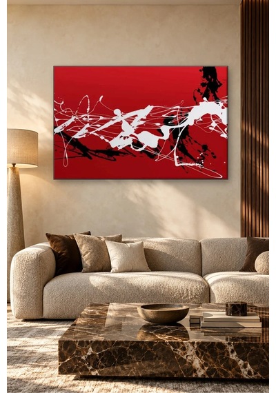 Fida Kırmızı Zeminde Beyaz Ve Siyah Damlatma Canvas Tablo