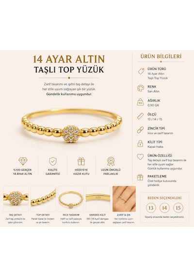 14 Ayar Altın Dorika Bilyalı Tektaş Yüzük