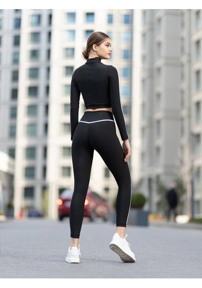 Lismina Beli Ve Bacağı Beyaz Biye Detaylı Siyah Toparlayıcı Spor Tayt Siyah