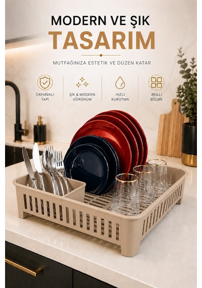 Sas Haus Bulaşıklık Tezgah Üstü Tabak Bardak Kurutmalık Plastik Bulaşık Sepeti 33x41 Cm Bej S-10567
