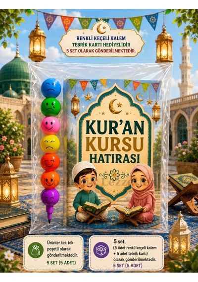 5 Adet Kur'an Kursu Hatırası Renkli Keçeli Kalem Tebrik Kartı Hediye Seti