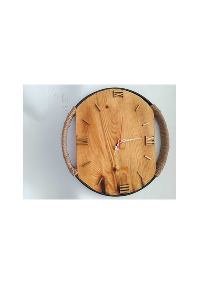 Niş Tasarım Doğal Çam Ağacı Duvar Saati - 38 Cm Halat Detaylı Metal Çerçeveli Masif Ahşap Saat Kahverengi