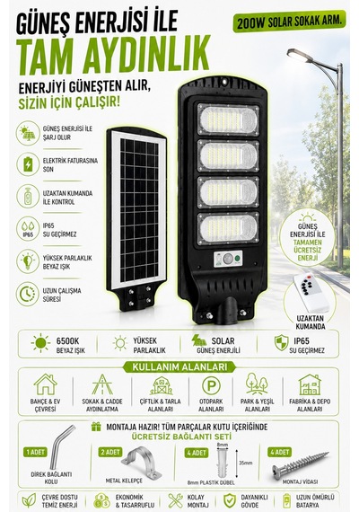 200 W Solar Sokak Armatürü Sensörlü Profesyonel Seri, Kumandalı Montaj Seti Hediyeli