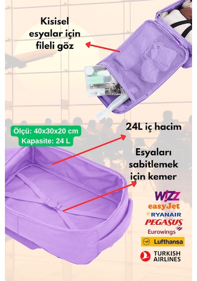 Jet Turtle Seyahat Sırt Çantası 40cm 40x25x15 Cm Pegasus, Wizz Air, Ryanair, El Valizi Koltuk Altı Valizi Lila