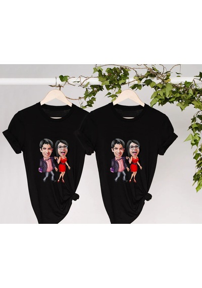 Bk Gift Kişiye Özel Sevgililer Karikatürlü İkili Siyah T-shirt Seti, Sevgililer Hediye, Çift Hediyesi, Yıl Dönümü Hediyesi, Kişiye Özel Tişört-9