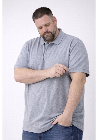 Erkek Polo Yaka Düğmeli Pike Kumaş Tişört Battal Beden Kısa Kol T-shirt - Gri
