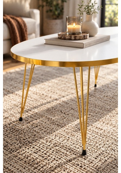 Sulorahome Elips Gold Beyaz Orta Sehpa Beyaz - Altın