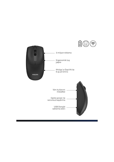 Philips Uyumlu  Spk7398b Kablosuz 1600dpı Sessiz Optik Mouse Siyah Diğer