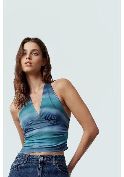 Ersefa Vücuda Oturan Boyundan Bağlamalı Crop Bluz Polyester Elastan Sand Indigo
