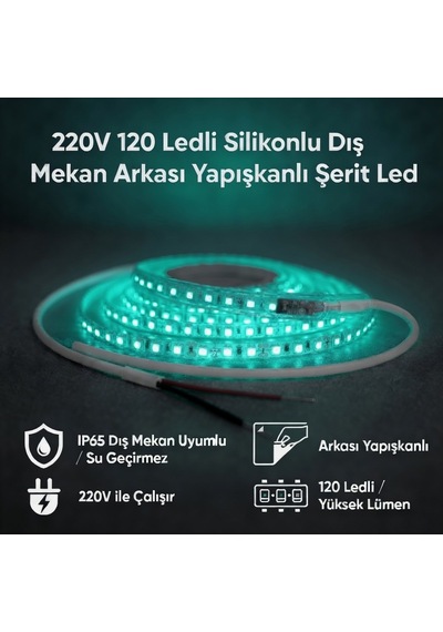220v 120 Led Dış Mekan Şerit Led Turkuaz Işık Arkası Yapışkanlı Suya Dayanıklı Dekoratif Aydınlatma 5 metre