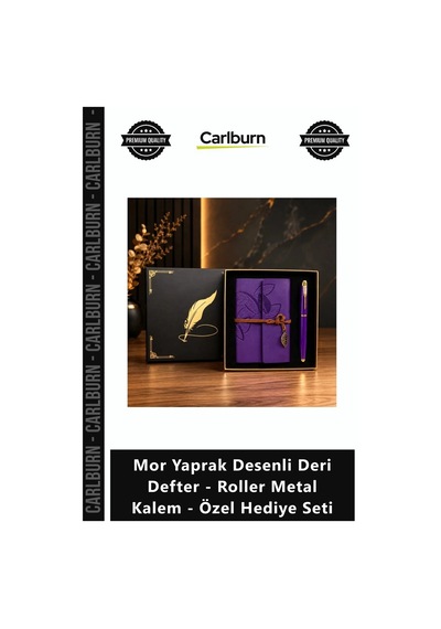 Özel Üretim Lüks Promosyon Mor Yaprak Desenli Deri Defter Roller Metal Kalem Özel Hediye Seti