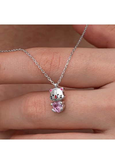 Gümüş Pembe Taşlı Sevimli Kedi Kadın Kolye Çok Renkli