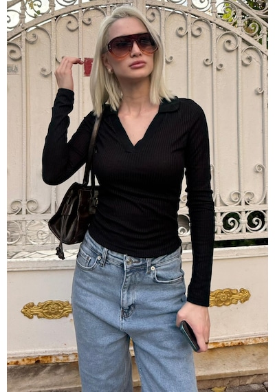 Madmext Siyah Polo Yaka Fitilli Kadın Body Mg2566 Siyah
