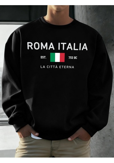 Startmore Tarzsokak Roma Italia Est.753 Baskılı Kazak Erkekler Bisiklet Yaka Polar Giyim Gevşek Sonbahar Kazaklar Siyah