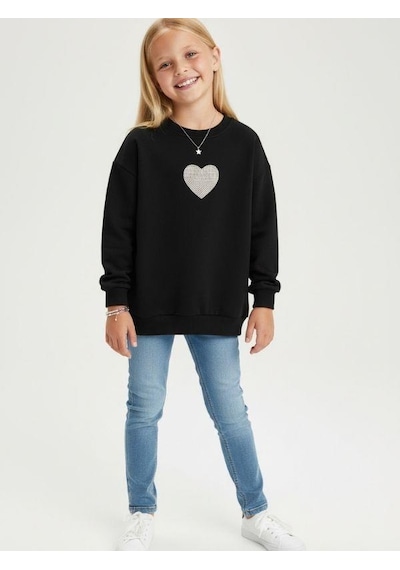 Kız Çocuk Pamuklu Yumuşak Dokulu Kalp İşlemeli Sweatshirt-16803 Siyah