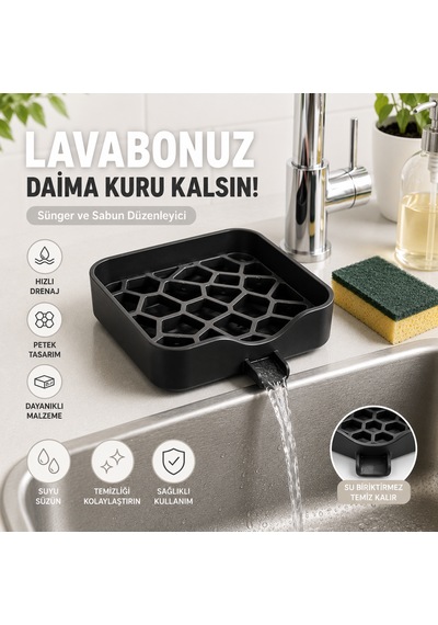 Lavabo Üstü Sünger Ve Sabun Düzenleyici Drenajlı Mutfak Lavabo Organizeri Petek Tasarımlı Siyah