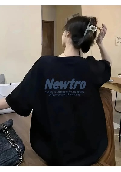 Kadın Tişört Newtro Baskılı Oversize Bisiklet Yaka T-shirt - Siyah