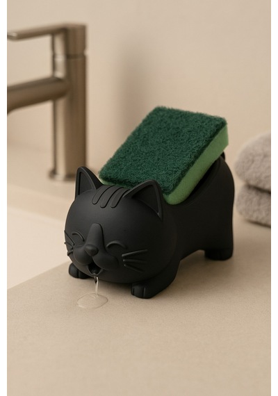 Dekoratif Siyah Kedi Figürlü Sabunluk & Süngerlik Şık Ve Sevimli Banyo, Mutfak Aksesuarı Çok Amaçlı