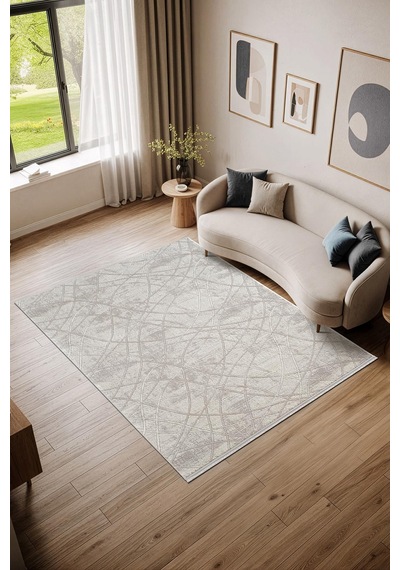 Arya A02304 Krem Bej Halı Akrilik Dekoratif Çizgili Modern Desen Yumuşak Tozuaz Salon Halısı-1155 Krem - Bej