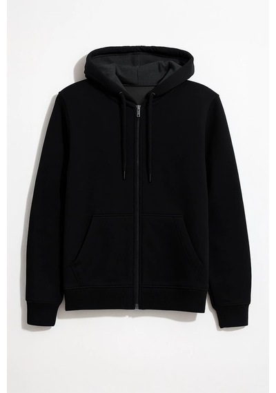 Kadın Fermuarlı Kapüşonlu Cepli İçi Polarlı Sweatshirt SiYAH