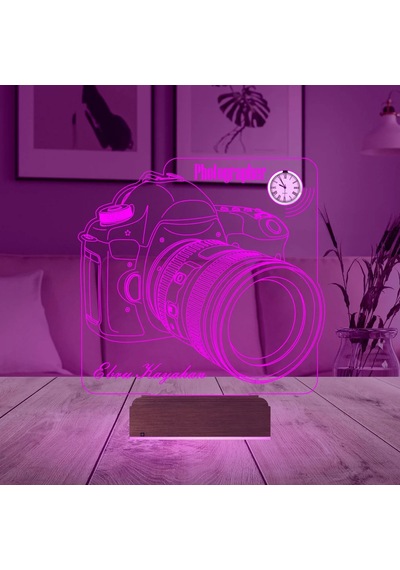 Luvivia Fotoğraf Makinesi Slr Fotoğrafçı Kişiye Özel Metal Saatli 3d Lamba - Masa Gece Lambası Şeffaf