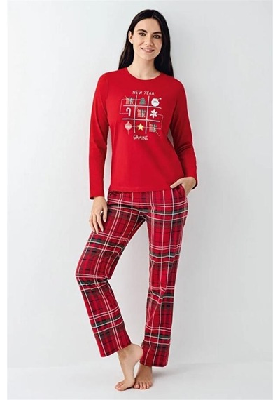 Arnetta %100 Pamuk Ekose Yılbaşı Konsept Bayan Pijama Takım Kırmızı