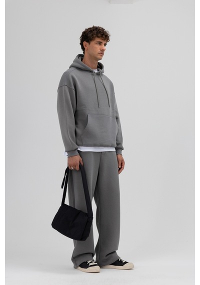 Vamos Basic Oversize Kapüşonlu Sweatshirt Füme