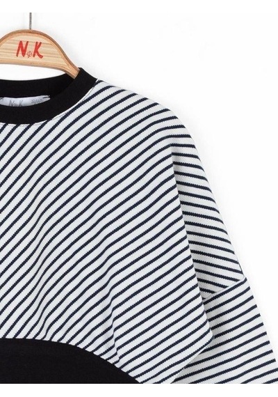 Kız Çocuk Pamuklu Çizgili Crop Sweatshirt-14715 Siyahbeyaz