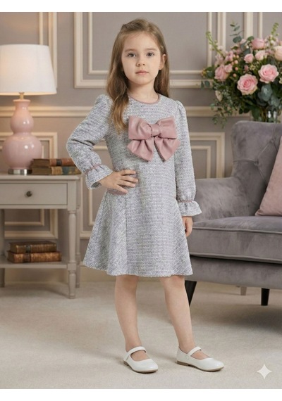 Xo Kids Deri Fiyonklu Büzgü Kollu Tüvit Kız Çocuk Elbise 3-7 Yaş 4415 Mor