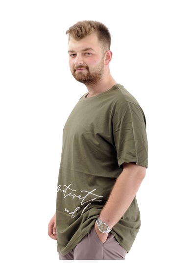 Mode Xl Battal Beden Erkek Pamuklu T-shirt Yumuşak Dokulu Baskılı Belıef U24085 Haki Haki