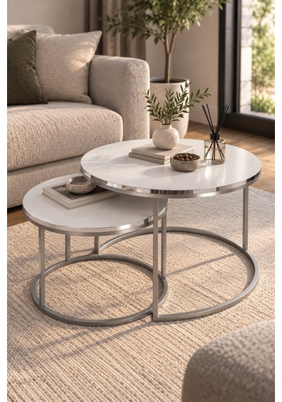 Sulorahome Gümüş Metal Ayaklı Beyaz 2'li Yuvarlak Orta Sehpa Seti