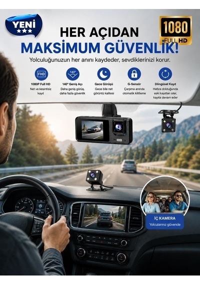Wi-fi App Destekli 1080p 3 Kameralı Araç İçi Araba Kamerası Gece Görüşü & 140 Geniş Açı Dvr