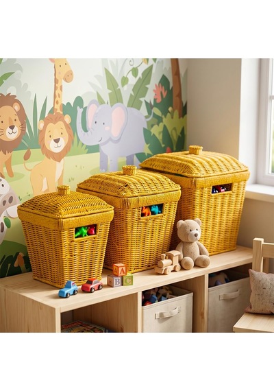 Pbt-919-2 3lü Hasır Sepet Kapaklı Bambu Sepet Seti Dekoratif Banyo Mutfak Düzenleyici Patates Soğan Sepeti Organize Diğer