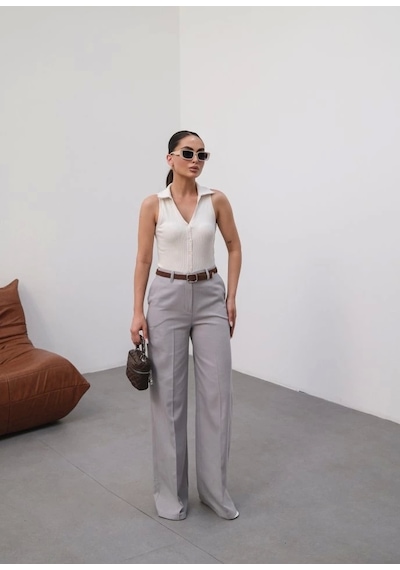 Defymoda Keten Kemerli Ve Dökümlü Palazzo Pantolon Kemer Dahi L Gri