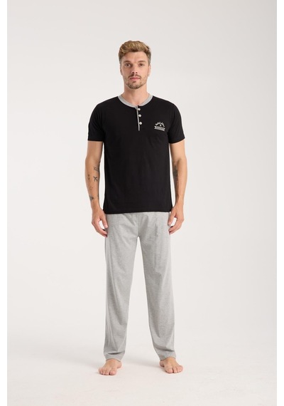 Akbeniz Erkek Siyah Düğmeli Yaka Kısa Kol Pijama Takımı