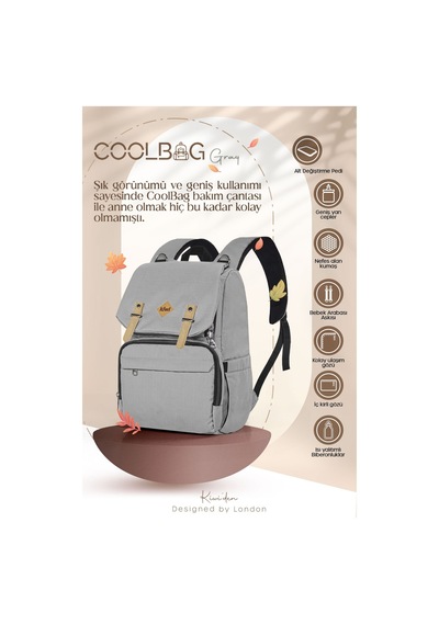 Kiwi Coolbag Anne Bebek Çantası - Bebek Bakım Çantası - Termal Gözlü Su Geçirmez Alt Açma Pedli - Gri Grii