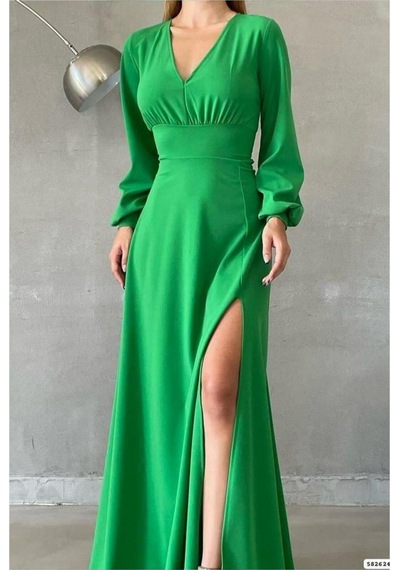 Lior Design Kadın Vintage V Yaka Yırtmaçlı Maxi Uzun Kollu Abiye Elbise Yeşil