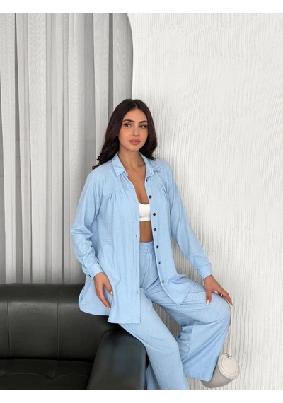 Freedom Store Yakalı Düğmeli Uzun Kollu Gömlek Pantolon İkili Takım - Bebek Mavisi Mavi