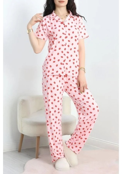 Seka Store Seka Milan Kumaş Düğmeli Pijama Takımı Pembedudak1 - 750.1287. Çok Renkli