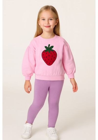 Kız Çocuk Bisiklet Yaka Uzun Kollu Pembe Çilek Desenli Rahat Kalıp Sweatshirt - Kız Çocuk Sweatshirt Pembe