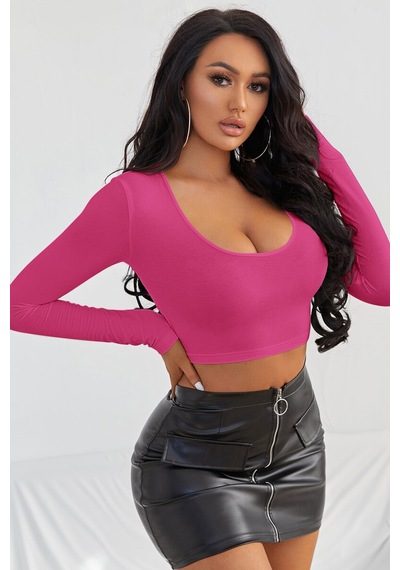 Kadın Fuşya Uzun Kol Kare Yaka Crop Top Bluz