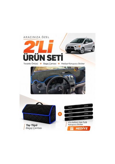 E-biz Mıtsubıshı Colt Ekranlı 2004-2013 Uyumlu Torpido + Tay Tüyü Çanta - Siyah-mavi - Mı006