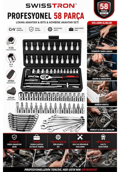 Swisstron Sws581246 58parça Cırcır Lokma Anahtar Seti Crv Krom Vanadyum Bits Kombine Anahtar Takımı