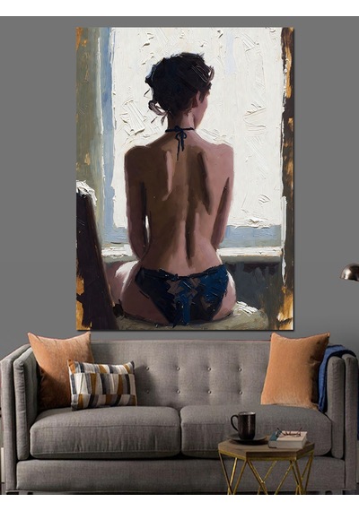 Ahşap Tablo Sırtı Dönük İç Çamaşırlı Seksi Kadın Yağlı Boya Çalışması