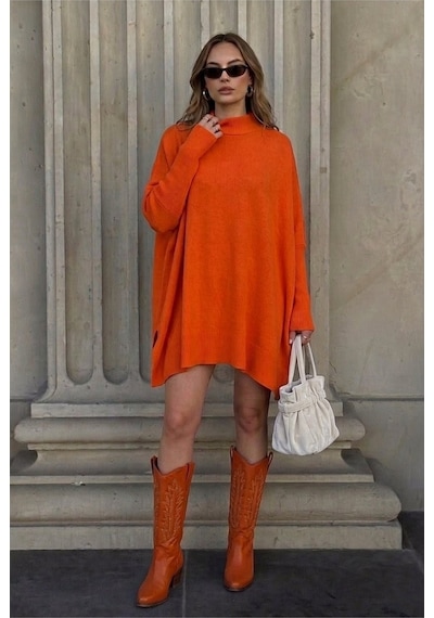 Onno Style Women Spor Triko Düz Salaş Panço Turuncu