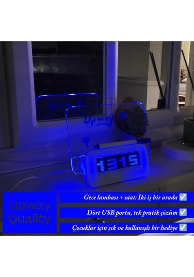 Upway 4 Adet Usb Çoklayıcı Not Panelli Dijital Masa Saati 3 Alarm Sıcaklık Takvim Doğum Günü Beyaz
