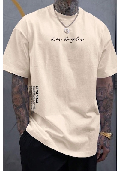 Uyguntarz Erkek Los Angles Baskılı Oversize Tshirt Bej